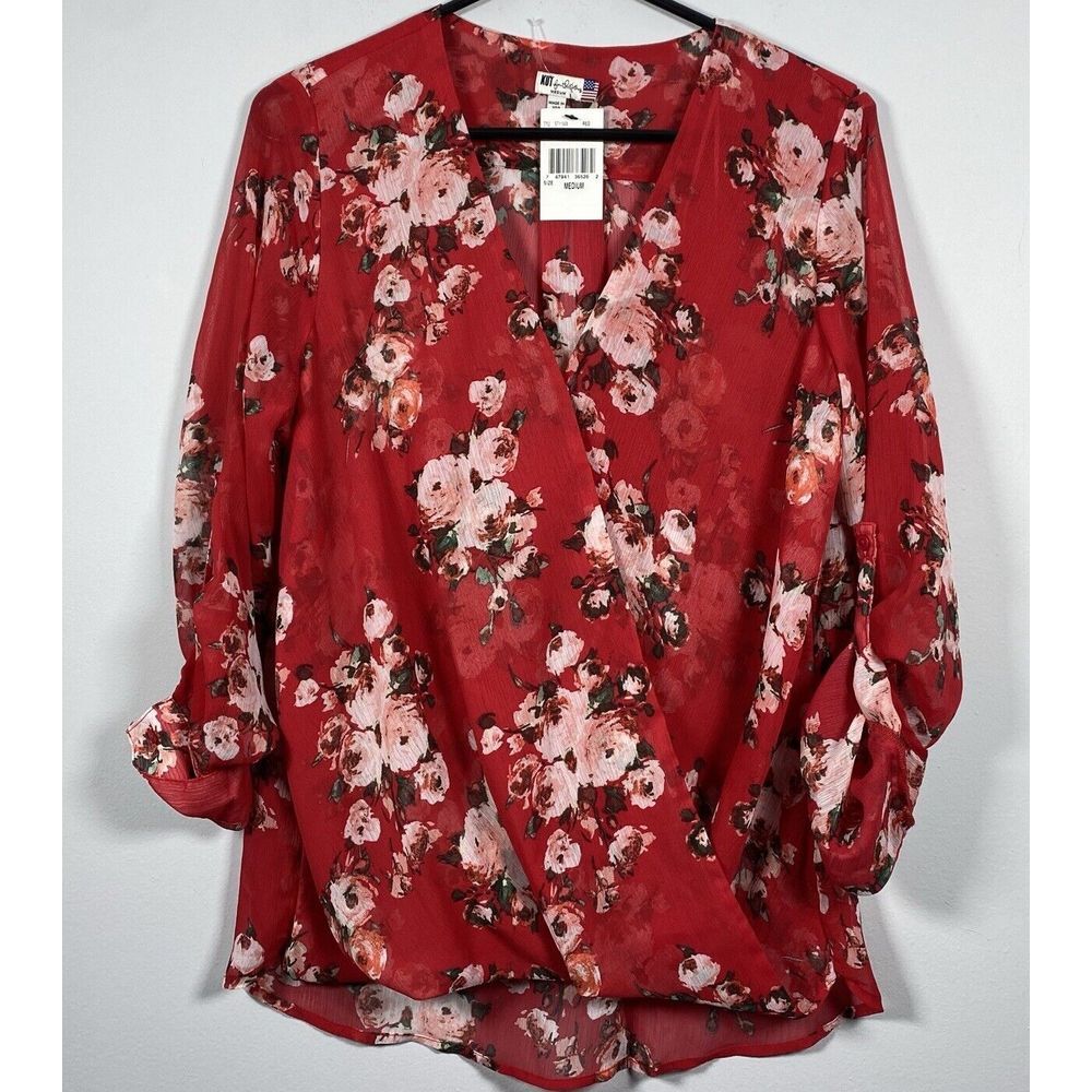 NWT Kut From The Kloth Women's Red Floral Semi Sheer Blouse Size M Business